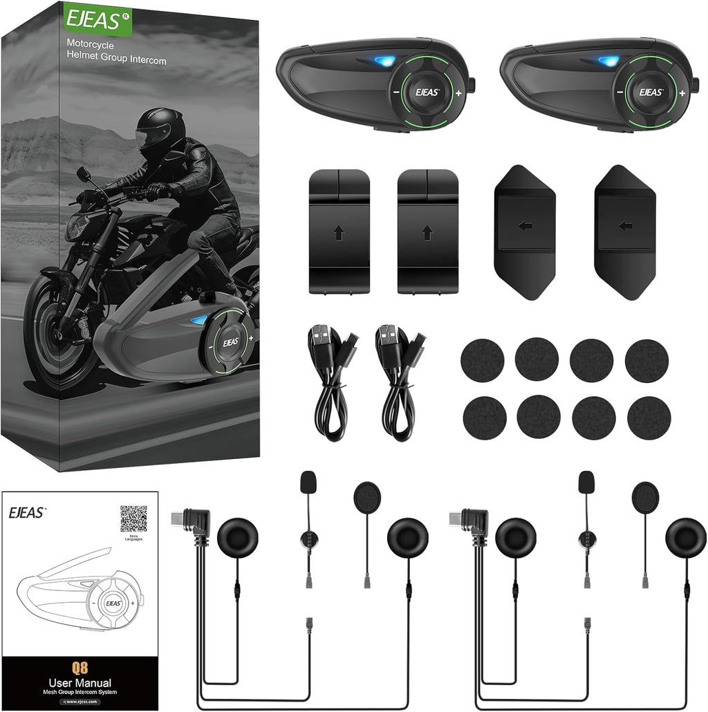 EJEAS Q8 5G Mesh Helmet Intercom (2 Units) – 6‑Rider, 1‑Km Range