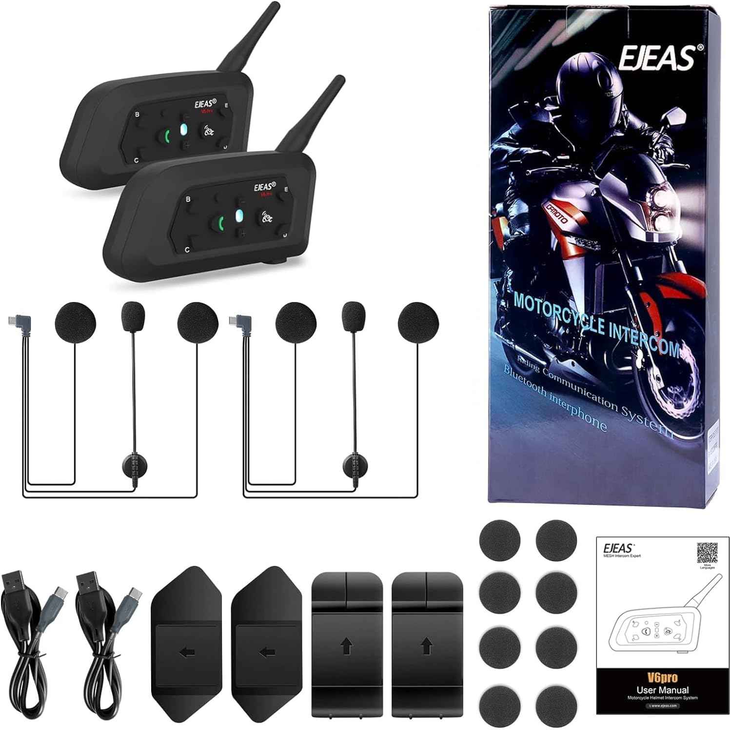 EJEAS V6 Pro Plus Bluetooth Helmet Intercom (2 Units) – 2‑Rider, 800 m Range