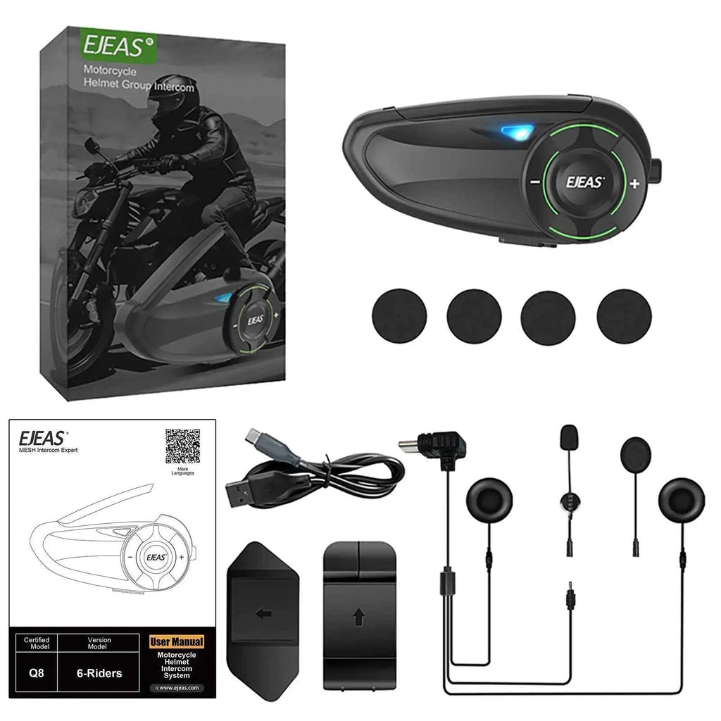EJEAS Q8 5G Mesh Helmet Intercom – 6‑Rider Group Talk, 1‑Year Warranty, for Touring Riders & Groups