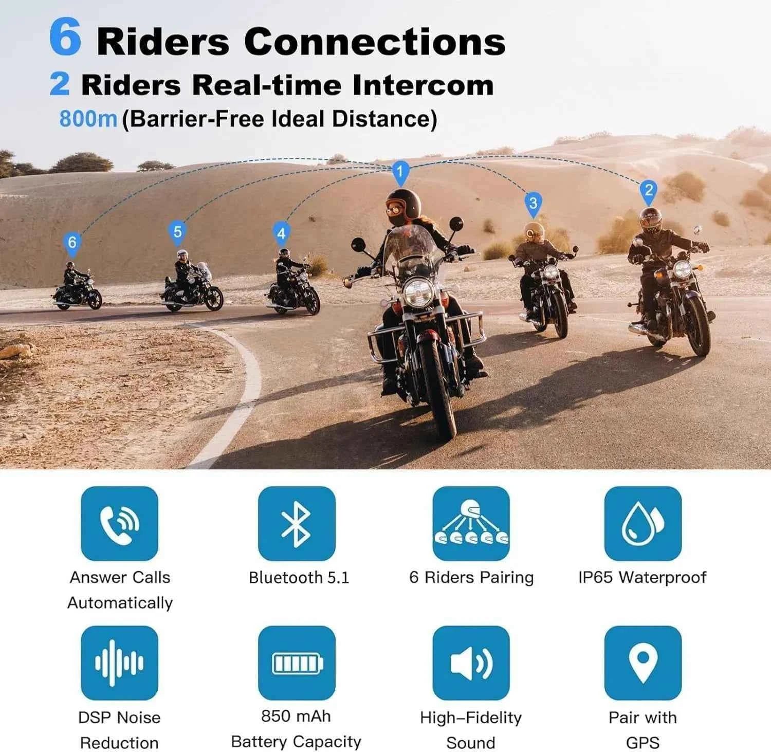 Ejeas V6 Pro Plus Multi-Rider Bluetooth Intercom - DSP Noise Cancellation, 800m Range, 18Hr Battery With 1-Year Warranty